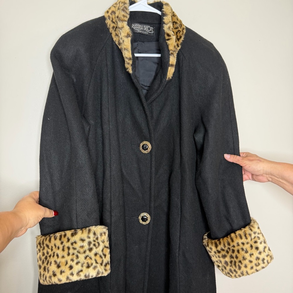 Russell Scott Vintage Coat Black Wool Blend Leopard Trim Long Elegant USA - Picture 3 of 14